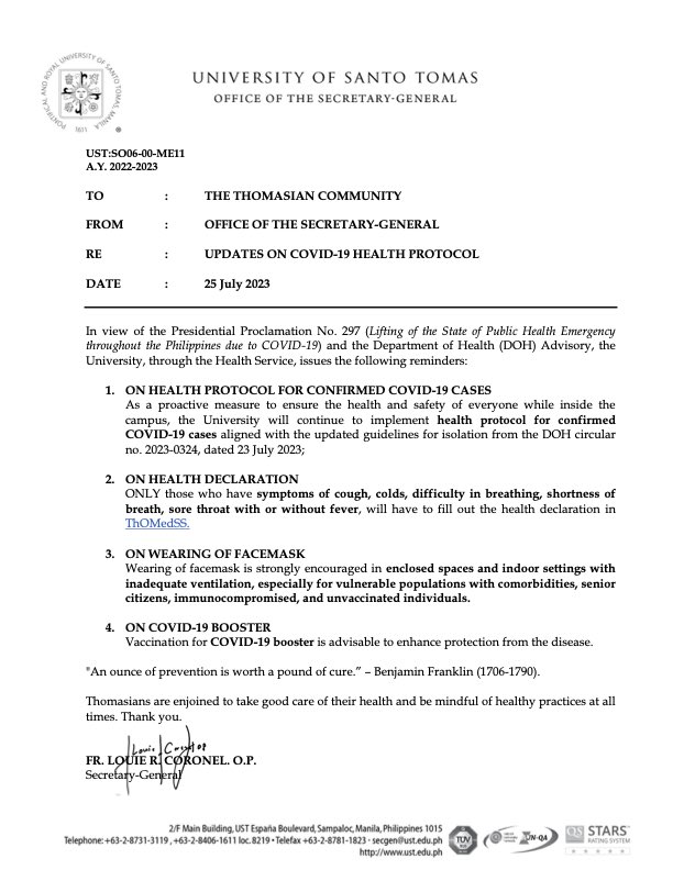 abtheflame's tweet photo. READ: Daily accomplishment of the health declaration form via ThOMedSS (Thomasian Online Medical Services and Support) will no longer be required, except for individuals displaying COVID-19 symptoms, a memorandum released by the Office of the Secretary-General showed. https://t.co/cREDPJ0y1b