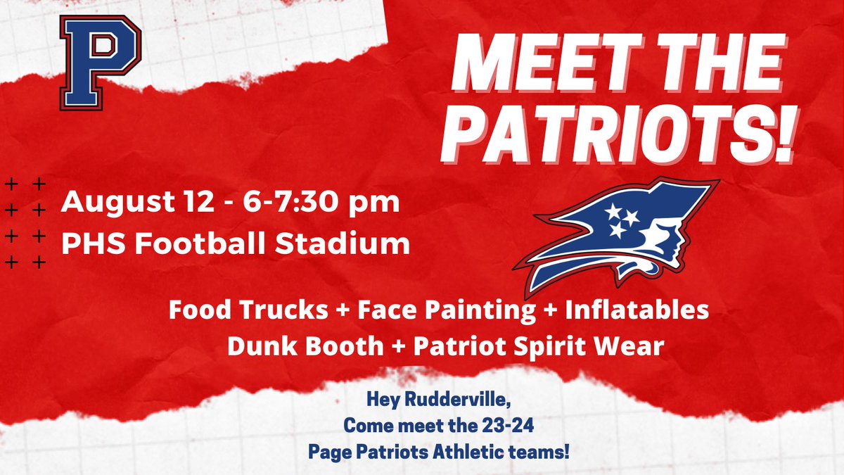 PHSBooster's tweet photo. ‼️HEY RUDDERVILLE‼️
🔵Save the Date and Meet the Patriots!
🔴Let’s kickoff the 23-24 athletic year by celebrating our amazing teams! https://t.co/r5B8a8LkLk