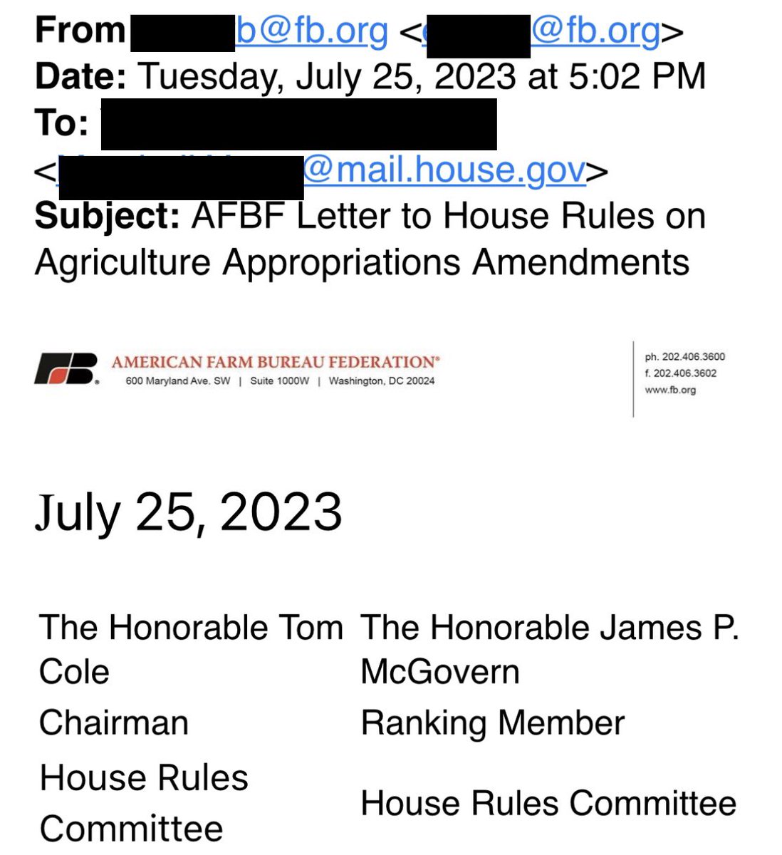 RepThomasMassie's tweet photo. Actual email from @FarmBureau lobbyist to congressmen on Rules cmte this evening. 

Behind the scenes, National Farm Bureau promotes a policy that will be hurtful to livestock farmers - Electronic Identification Tags for cattle. We don’t need big government tracking our animals. https://t.co/AXPlBflPKH
