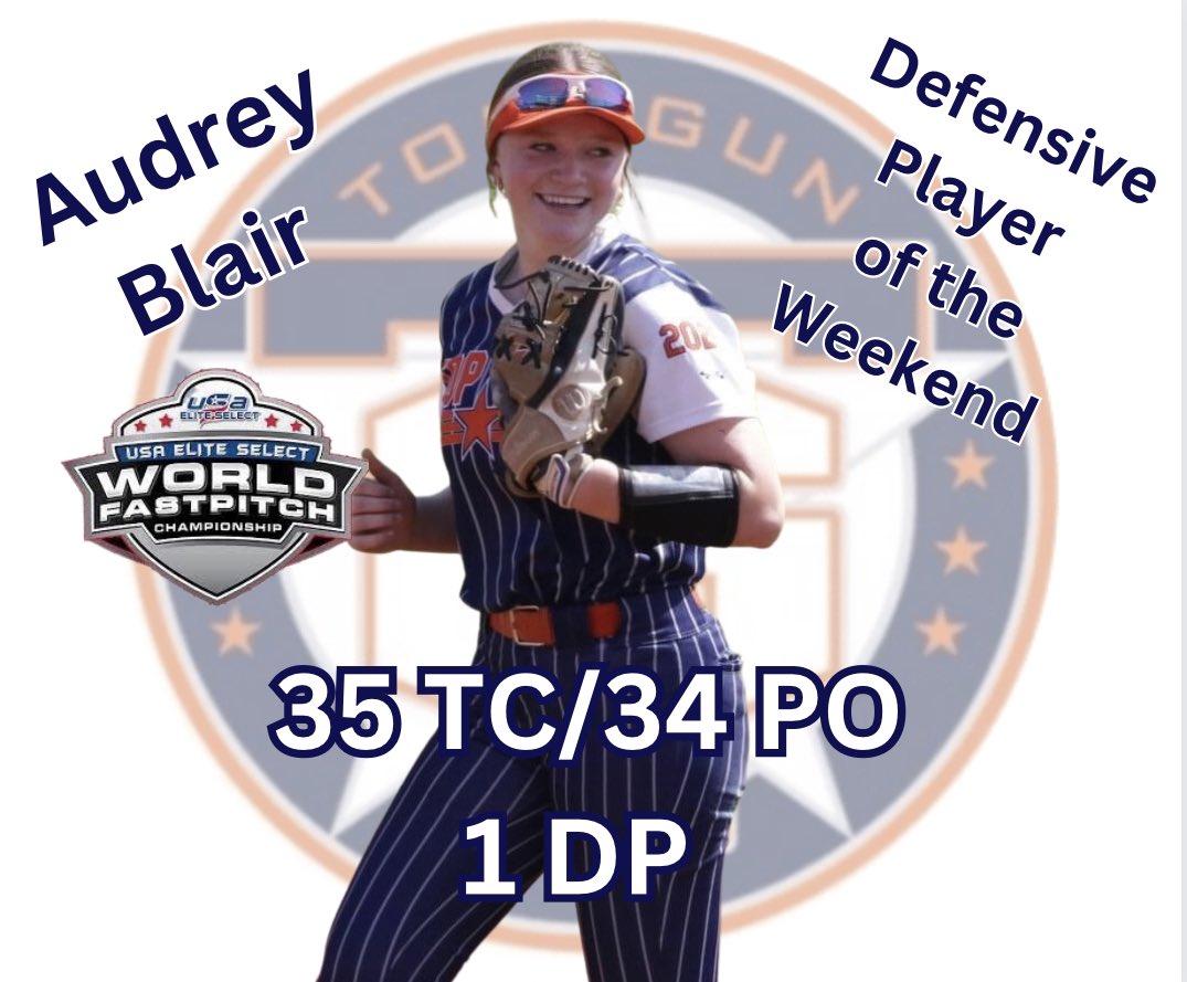 Defensive Player of the Weekend at the World Fastpitch Championship was uncommitted (2025) Audrey Blair! #99 had 35 total chances at shortstop and 34 putouts with a double play! Audy is a beast for her team! Way to be Audy B!! #topgunnation #flyabove #WFC #culture @ExtraInningSB