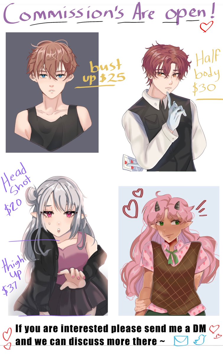 Commissions are Open! 🥹

✨Retweets are appreciated!!✨

Need help paying a little debt T.T please DM me if your interested~ (will anyone see this T.T) 

#commisionsopen #commissionopen