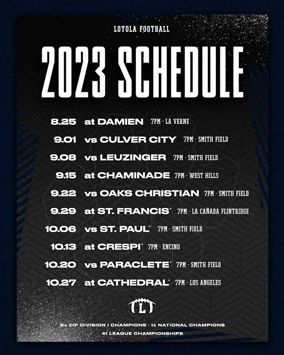 🗓️ 𝟐𝟎𝟐𝟑 𝐒𝐄𝐀𝐒𝐎𝐍 𝐒𝐂𝐇𝐄𝐃𝐔𝐋𝐄 

Mark your calendars… Friday Night Lights at Loyola are back! #GoCubs