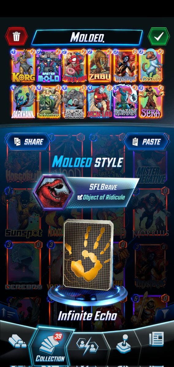 SFLBraverman's tweet photo. Hit Infinite again with Cerebro 3 and Iron Lad + Master Mold. Cerebro 3 still seems good but leans alot on Bast and Valkyrie. @MarvelSnapZone https://t.co/rGaY29R67I