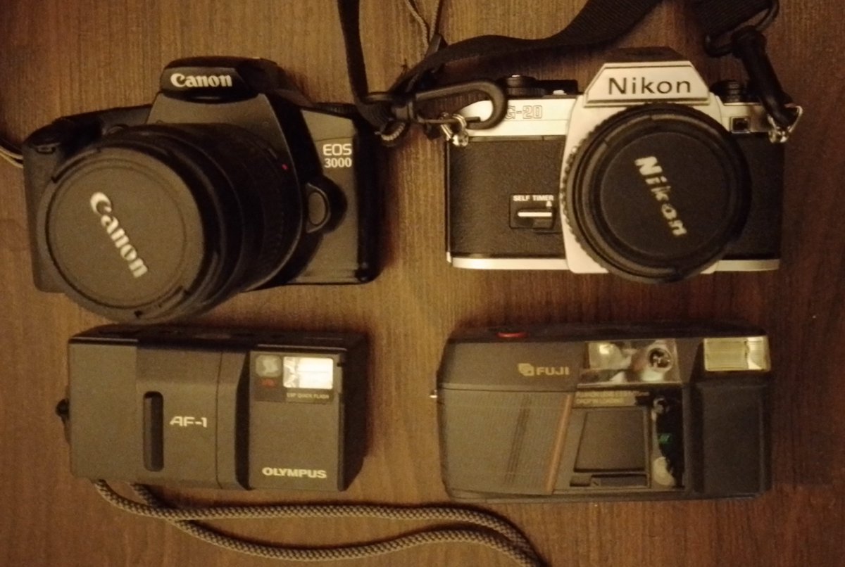 These are the ones that I use the most. 2 of them were like $50, 1 was $30, one a $100. I dont plan to get more. This is just for fun and to cope with anxiety. They have given me nice memories. 
#canoneos3000
#nikonfg20
#olympusaf1
#fujidl150
#filmcameras