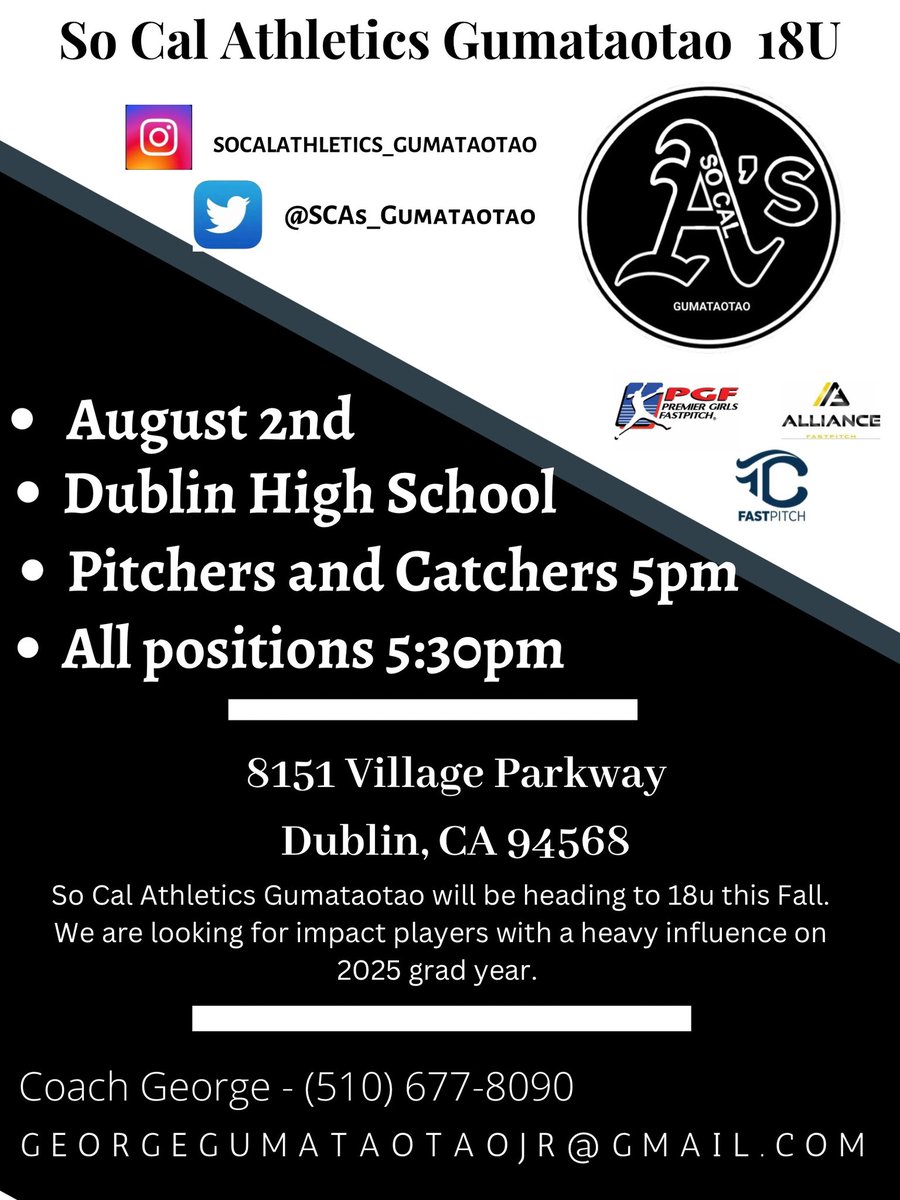 So Cal Athletics Gumataotao will be moving to 18U in Fall. Tryouts will be held on 8/2/2023 at Dublin High starting at 5pm. Sign up here : forms.gle/4JbSsrPGc24Eih…
