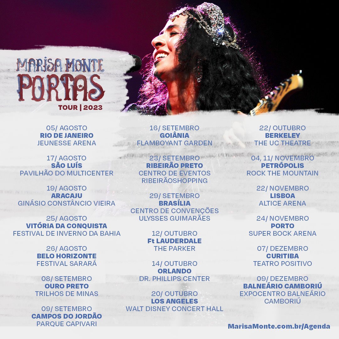 MariseandoBlog's tweet photo. Agenda atualizada da #TourPortas! Qual é o próximo show que você vai? 💃🏼🎤

#MarisaMonte #Mariseando #MPB #PortasTour https://t.co/zxpJCaF5uo