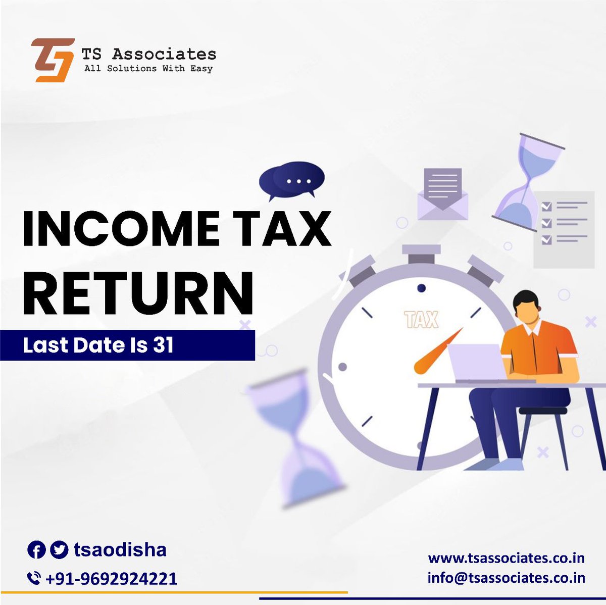 tsaodisha's tweet photo. The due date for income tax return (ITR) filing is 31st July 2023, which means taxpayers have just a week in hand to file their ITR. Call for Filings: 9692924221 https://t.co/jiJV5SG3Nc