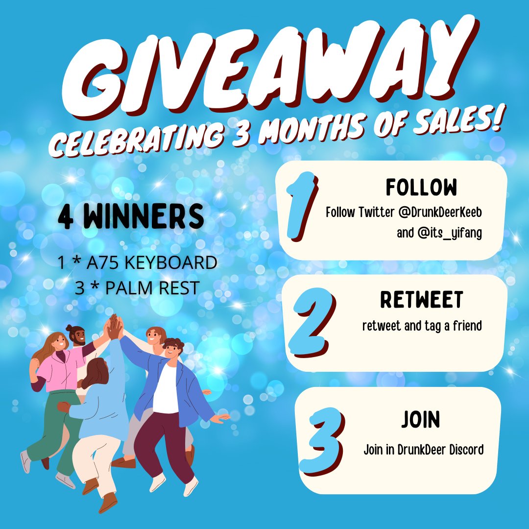 🎉 Celebrating 3 Months of Sales!
 📷 We are running a giveaway together with <a href="/its_yifang/">Yifang | 一方</a> 
📷 To join the giveaway: 
1.  Follow <a href="/DrunkDeerKeeb/">DrunkDeer</a> and <a href="/its_yifang/">Yifang | 一方</a> 
2. Retweet and tag a friend
3. Join DrunkDeer's Discord discord.gg/9YQ8UBJbwn   

Winners: 4  
End date: August 1