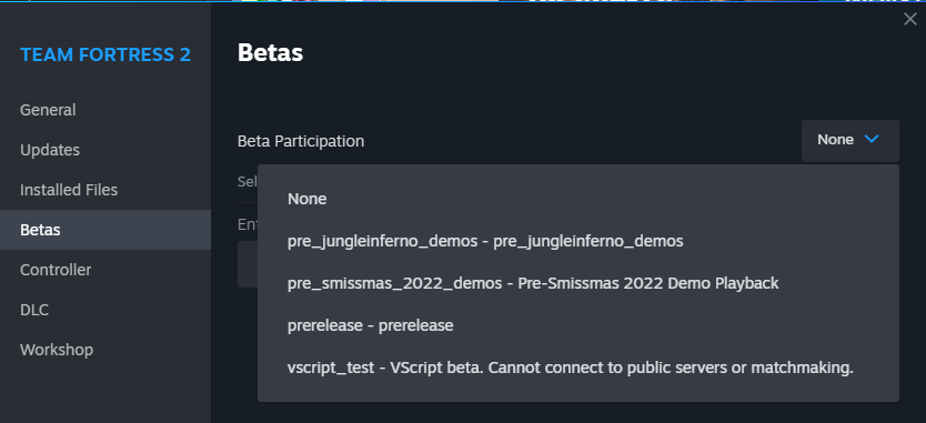 Ulexos's tweet photo. @stabbyvideo @valvesoftware did you try switching to any of these beta versions in tf2's steam properties yet? could work maybe https://t.co/rrDkuHzjbI
