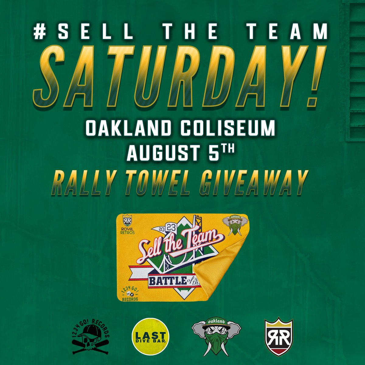 The Summer of Sell  continues on August 5th at the Coliseum!!

We will have another fan funded giveaway! Thanks to <a href="/1234gorecords/">1-2-3-4 Go! Records</a> and <a href="/RoyalRetros/">Royal Retros</a>! 

Join <a href="/Oakland68s/">Oakland 68s</a> and us in Parking lot B  to tailgate!
 Lets do it again people! Be loud. Wear Green. And Chant #SellTheTeam