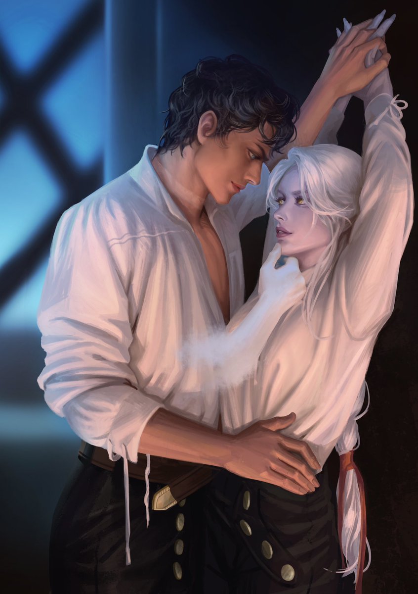 Painting I commissioned from <a href="/spearthymint/">素欽</a> !!!!!!! #Manon and #Dorian from #SJM and her #ThroneOfGlass series! This is a scene from EoS and they both learned about his phantom hands cause she was being stubborn 😏 Every detail down to the valg collar tan line 😭 She did AMAZING.