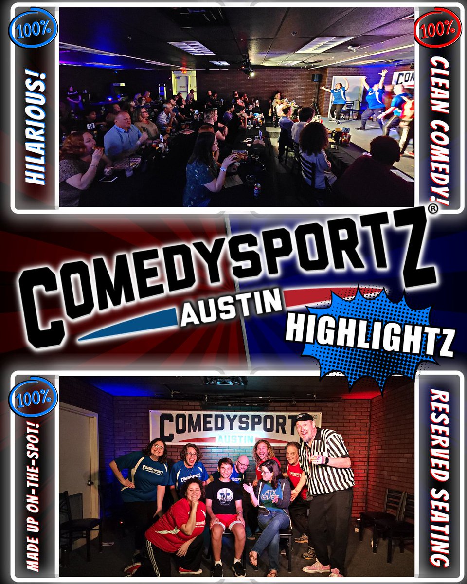 ComedySportz Austin is #CleanCOMEDY for everyone! The comedians use your suggestions &amp; you decide the winner with your laughs &amp; your votes!

💯Eat 💯Drink! 💯Laugh!

Thank U to the #FANZ &amp; our #LAUGHLETES for these great show #HIGHLIGHTS. Every Satur-YAY with RESERVED SEATING.