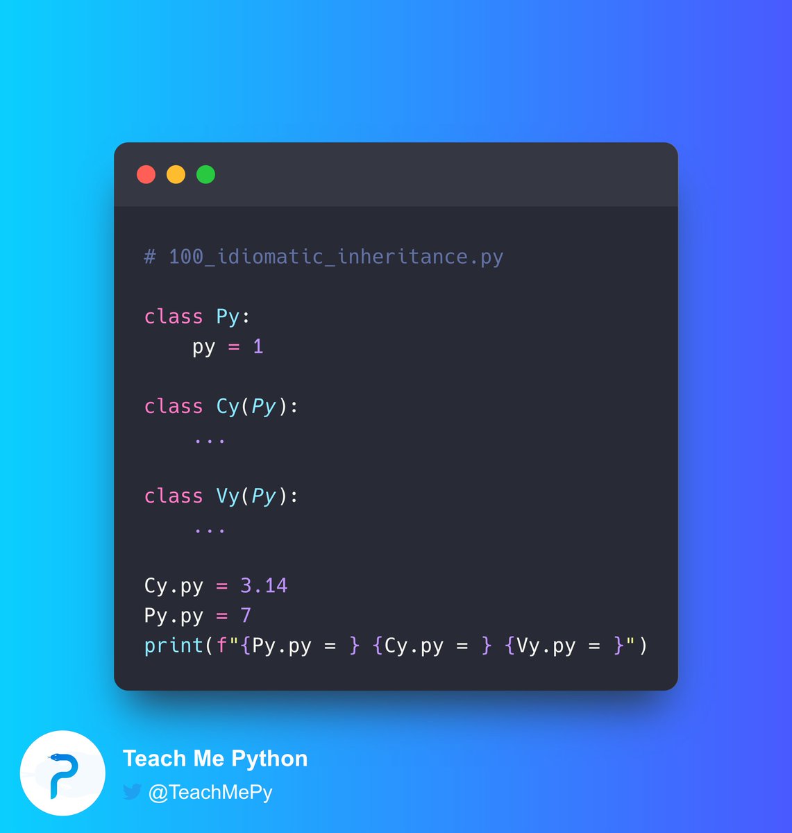TeachMePy's tweet image. #Python Pop Quiz 🐍❓
What is the output of the following code?
A) Py.py = 7 Cy.py = 3.14 Vy.py = 7
B) = 7 = 3.14 = 1
C) None of the above