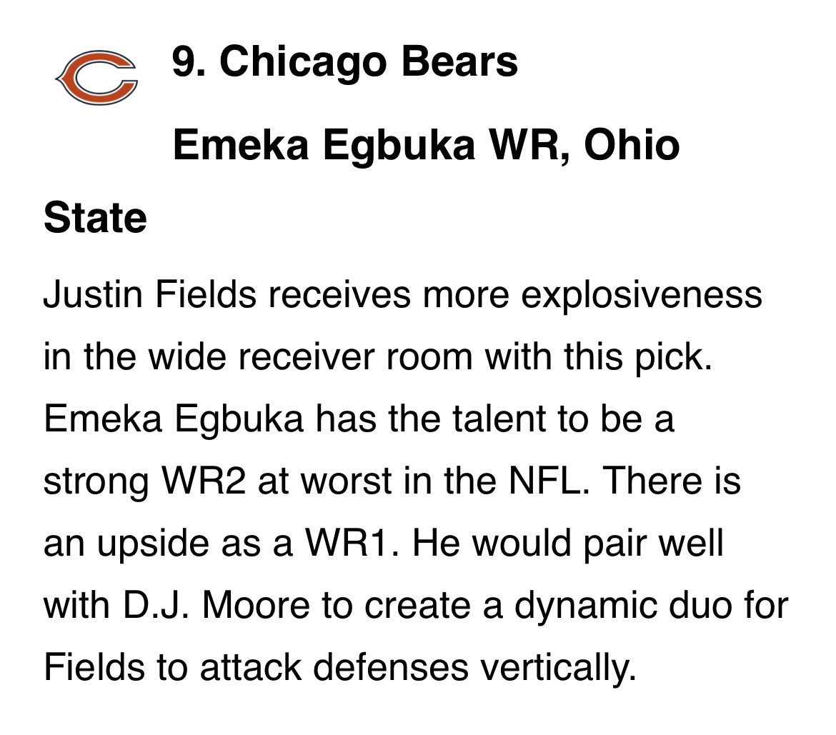 Via @DP_NFL, the #Bears first round picks in a 2024 #NFL Mock Draft. 

Egbuka and Robinson would be day one starters that would help this team take another step forward. They’re perfect fits for what Matt Eberflus is trying to build. https://t.co/PDk83BKaeV