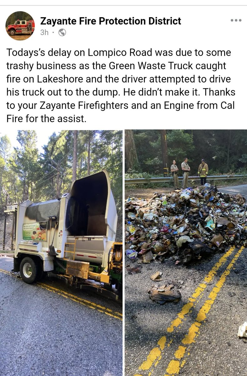 Thepitbulllady's tweet image. Update on today's garbage truck fire in the canyon.  The driver was amazing! He tried to get it as far away as possible to keep the mountains safe. HUGE THANK YOU! To Zayante Fire Dept &amp;amp; Cal Fire for being so quick to respond ❤️❤️❤️ #lompico #zayante #zayantefiredept #calfire