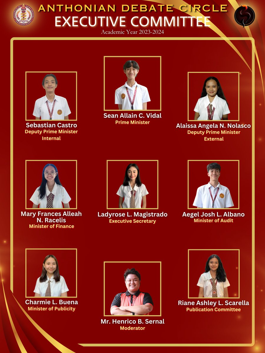 ADC_USANT's tweet photo. 𝐇𝐞𝐚𝐫! 𝐇𝐞𝐚𝐫!

📢 Presenting the 𝗔𝗻𝘁𝗵𝗼𝗻𝗶𝗮𝗻 𝗗𝗲𝗯𝗮𝘁𝗲 𝗖𝗶𝗿𝗰𝗹𝗲 𝗘𝘅𝗲𝗰𝘂𝘁𝗶𝘃𝗲 𝗖𝗼𝗺𝗺𝗶𝘁𝘁𝗲𝗲 for the Academic Year 2023-2024. Together conquering the quest for the breaks. Always will chant 𝙎𝙘𝙝𝙤𝙡𝙖𝙚 𝙚𝙩 𝙂𝙡𝙤𝙧𝙞𝙖!

#AnthonianDebateCircle2024 https://t.co/hzhrV9yiM5