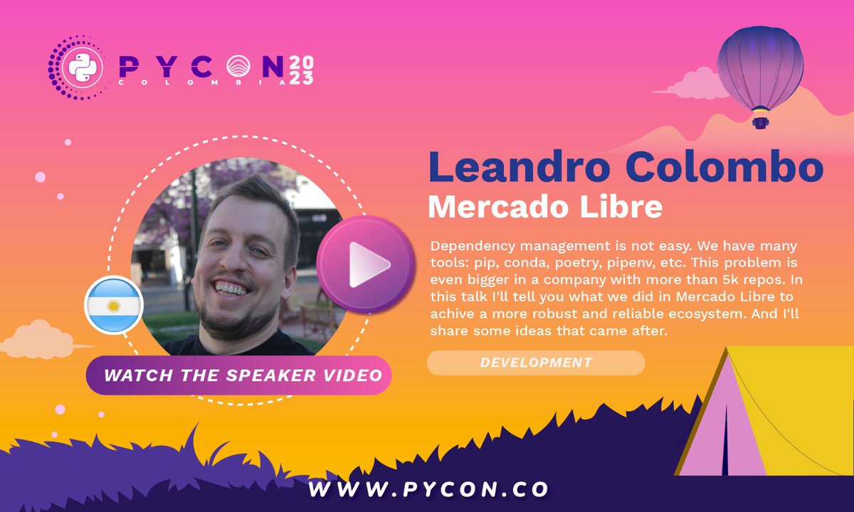 pyconcolombia's tweet image. Watch the video of Leandro Colombo, he teaches us about &quot;Dependency management is not easy. We have many tools: pip, conda, poetry, pipenv, etc.”

youtu.be/lpL7twcxsR0

#PyconColombia2023 #Presencial #Programming #Colombia #Evento #PyCon #Python #IoT #Web  #Python #Tech #Devs