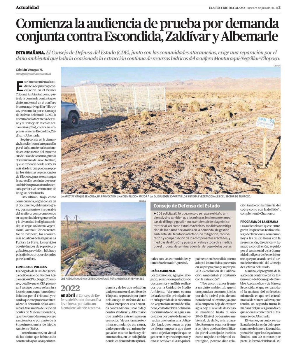 Comienza la audiencia de prueba por demanda conjunta contra Escondida, Zaldívar y Albemarle por daño ambiental debido a la sobreexplotación del acuífero Monturaqui Negrillar Tilopozo, sur del Salar de Atacama.