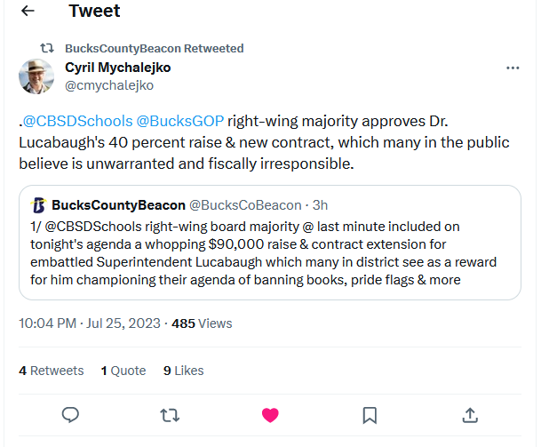 RibelleInPA's tweet photo. @WalshFreedom Thanks I needed that. My radicalized right wing M4L school board just gave puppet superintendent $90k raise. If voters flip majority in Nov and they fire him he will get $300k severance. I'm so tired of abysmal turnout. What can we do to convince voters that their vote matters? https://t.co/mu67I1TtU8