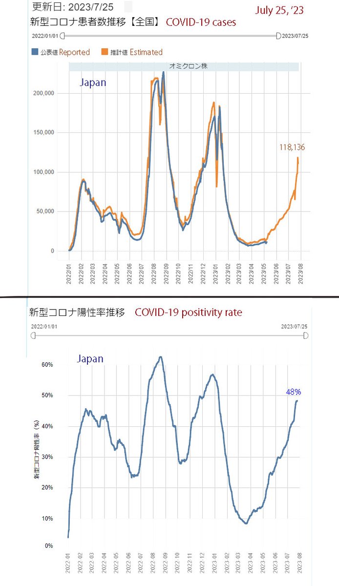 Yash25571056's tweet photo. As of yesterday (July 25), the number of COVID-19 cases in Japan was estimated to be nearly120,000, and its positivity rate was nearly 50%.

I should note that other infectious diseases (herpangina, RSV, hand-foot-and-mouth disease, etc.) also have been notably increasing in Japan.
https://t.co/k5hjImU8va