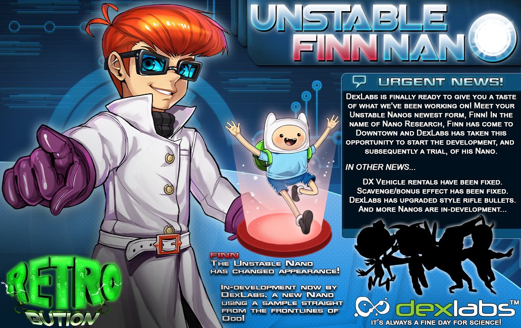 FFRetrobution's tweet image. Hop on today and experience our latest update! DexLabs is now running a trial on Nano Finn via the Unstable Nano, go to City Hall and pick one up today! Finn himself will be there temporarily as apart of the research. Among other changes, more retextures will be coming very soon!