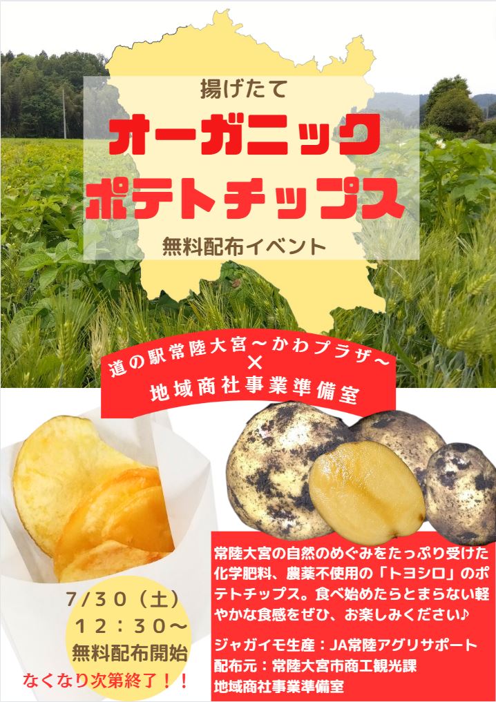 hitamaru's tweet photo. 星野です！！イベント目白押し♬
7月30日（土）はぜひ、道の駅常陸大宮～かわプラザ～へ🏃！！
・10時～15時　かわプラザde縁日🍧
・12時半～　オーガニックポテトチップスの無料配布🥔
・16時半～17時半　星野隊員の地域おこし協力隊卒業報告✨

お楽しみに♪

#常陸大宮市地域おこし協力隊 https://t.co/fMuqLhCHB3