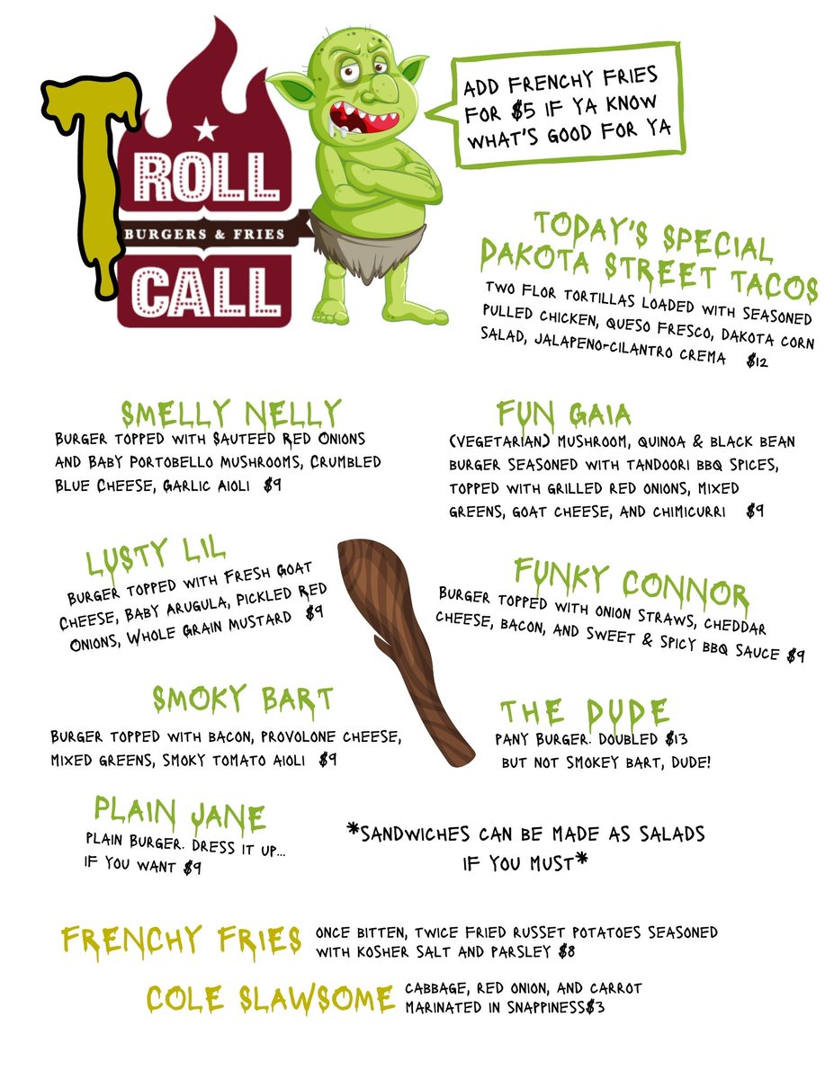 Troll! In the kitchen! @RollCallBurgers has been taken over by a nasty troll! Brave souls can find them in the @benttreecoffee parking lot. Order a Funky Connor & Cole Slawsome if you value your life! ⚡💙💛❤💚 #WizardlyWeekend #foodtruckfood #trolltakeover #supportlocal