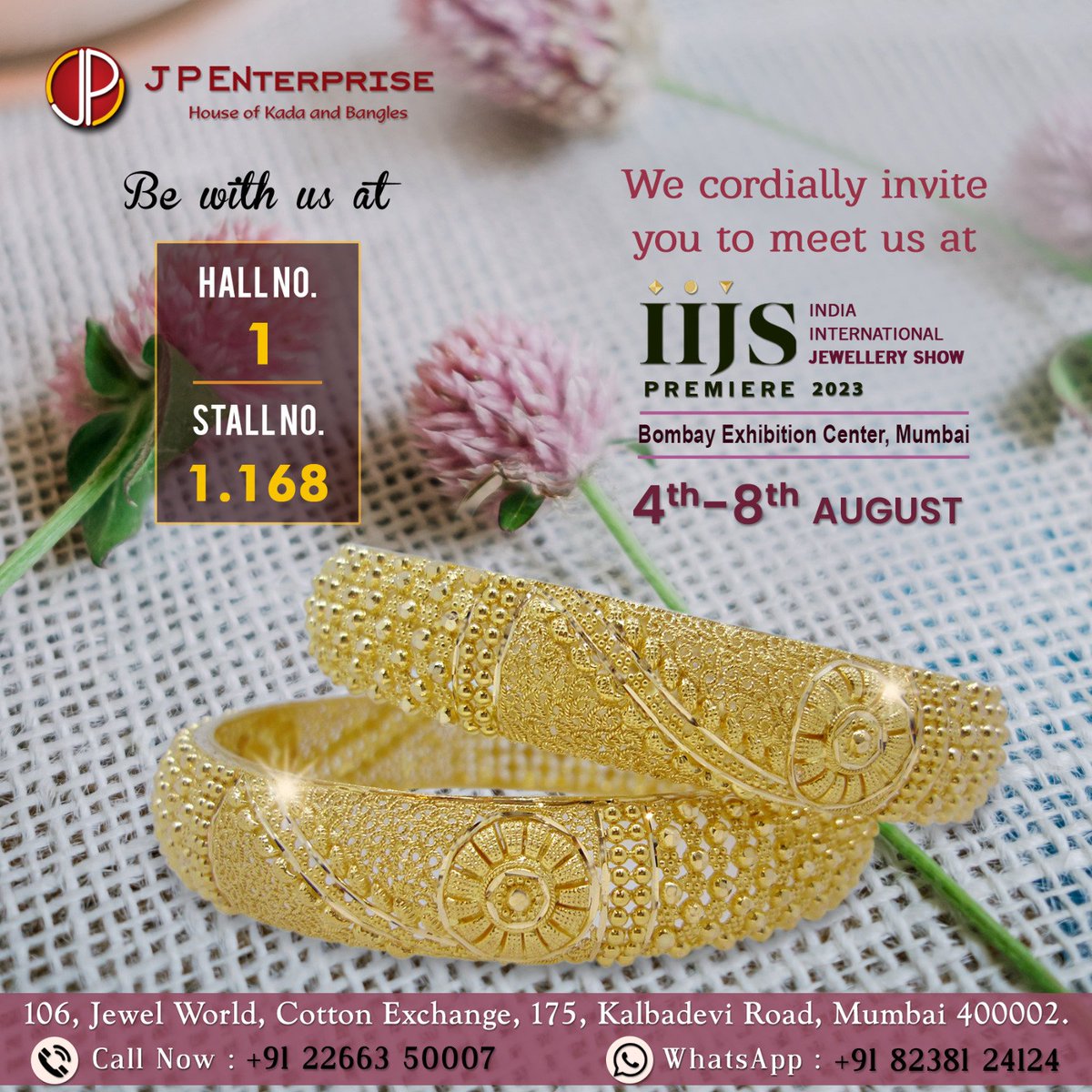 jpbangles's tweet image. We are pleased to invite you to witness our Glamorous Collection at the #iijspremiere2023 happening from 4th to 8th August at the #BombayExhibitionCentre #Mumbai
Visit us at Hall No. - 1, Stall No. - 1.168
#IIJS2023 #iijspremiere #goldbangles #mumbaijewellery #gold #goldjewellery