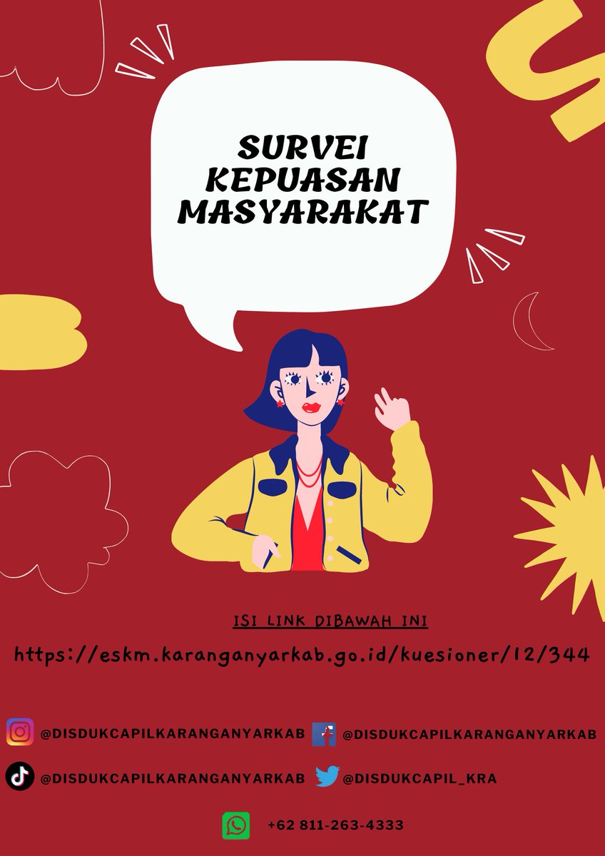 Selamat Pagi Warga Karanganyar, mohon luangkan waktu untuk mengisi link di bawah ini :
eskm.karanganyarkab.go.id/kuesioner/12/3…
dan berikan Saran yang terbaik untuk Kemajuan Pelayanan di Kantor Disdukcapil Karanganyar, Terimakasih :)