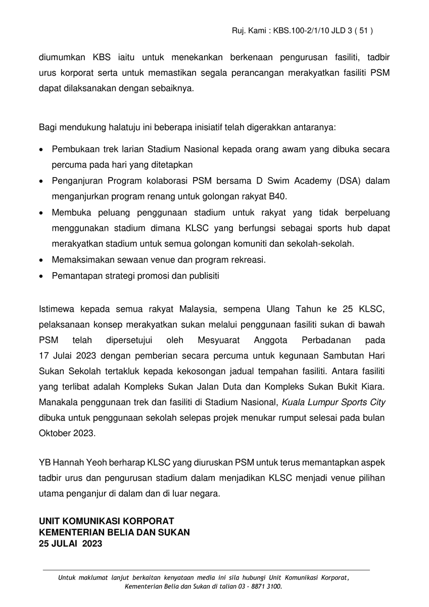 1. Schools can hold Sports Day events at Bukit Jalil Stadium for free beginning in October, says Youth and Sports Minister Hannah Yeoh.

“I really want school children to experience running the 100 metres at SNBJ…who knows they will be inspired to become athletes,” she adds.