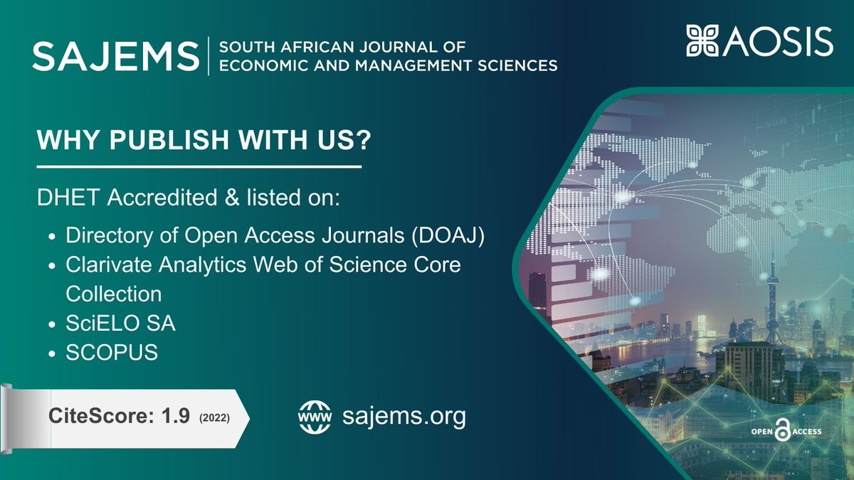 The <a href="/SAJEMS_Journal/">South African Journal of Economic and Management</a> has been making significant strides in the field of economic and management sciences as seen by the recent growth in its Google Scholar h5-index and Web of Science Journal Impact Factor. 

Read the article: bit.ly/44PeyHA

Affiliation: <a href="/UPTuks/">University of Pretoria</a>