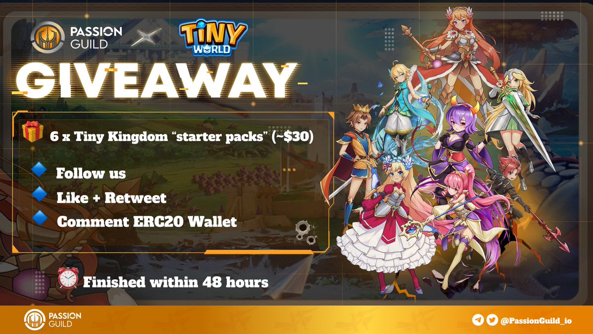 PassionGuild_io's tweet photo. #Giveaway  | To celebrate #Tinyworld launching on @zksync  we are bringing you a giveaway!

🎁6 x Tiny Kingdom “starter packs” (worth ~$30)

To enter
1️⃣Follow @tinyworldgamefi  &amp; @PassionGuild_io
2️⃣Like + RT
3️⃣Comment ERC20 wallet

⏰48 hours
#NFT #GameFi #zkSyncEra https://t.co/P9DrQpKAHm