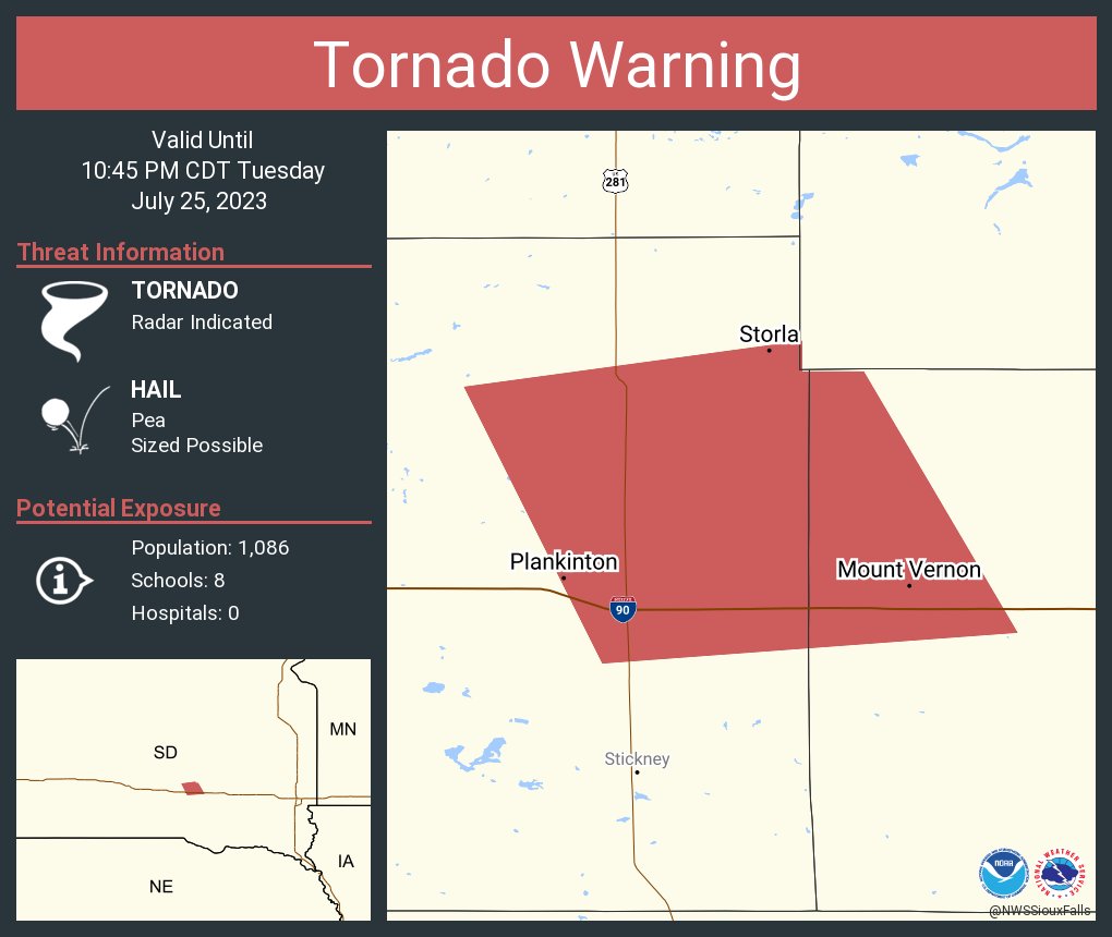 RT @NWSSiouxFalls: Tornado Warning including Plankinton SD, Mount Vernon SD and  Storla SD until 10:45 PM CDT https://t.co/QFdJCvja1l