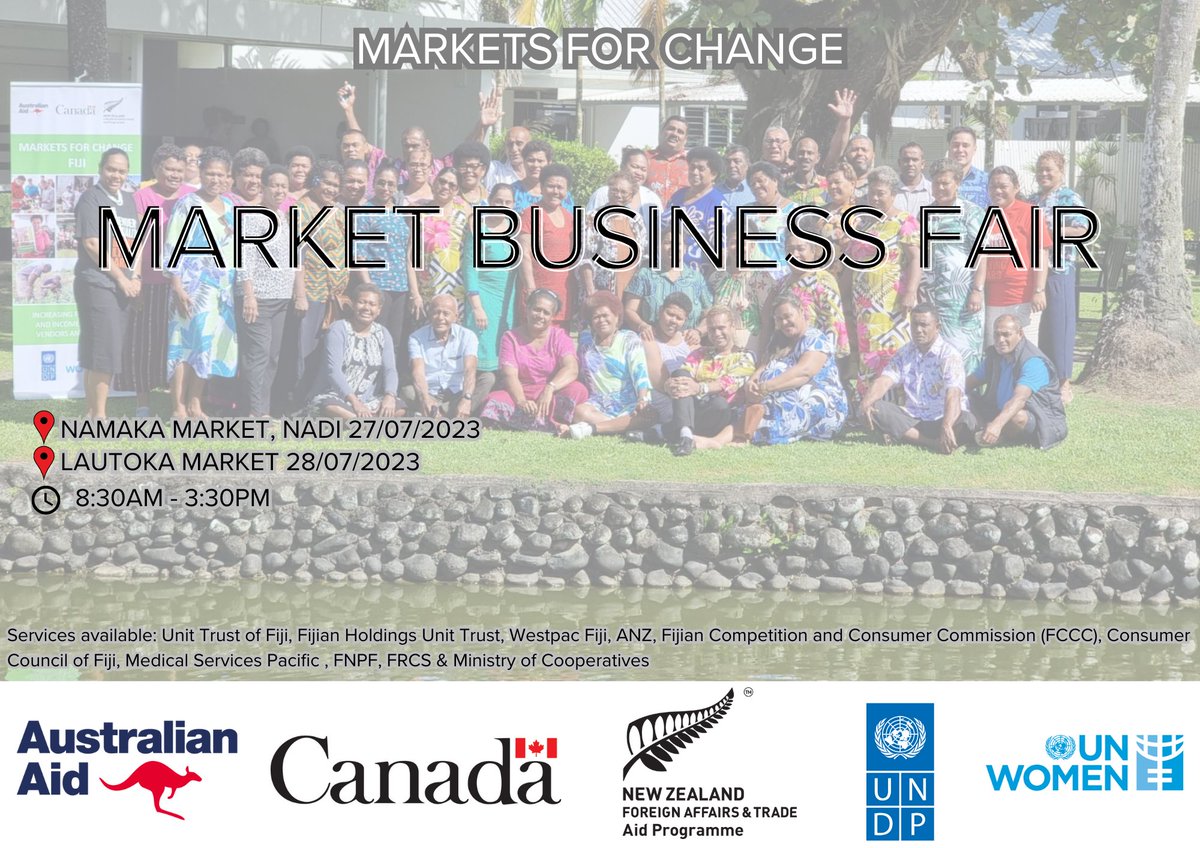 UNDP_Pacific's tweet photo. 1/2. The M4C project places great importance on #partnerships with stakeholders, working together to provide services to beneficiaries. Join us at the Market Business Fair starting tomorrow, where selected service providers will offer their services to market vendors/farmers,... https://t.co/pyD2Zl5STR