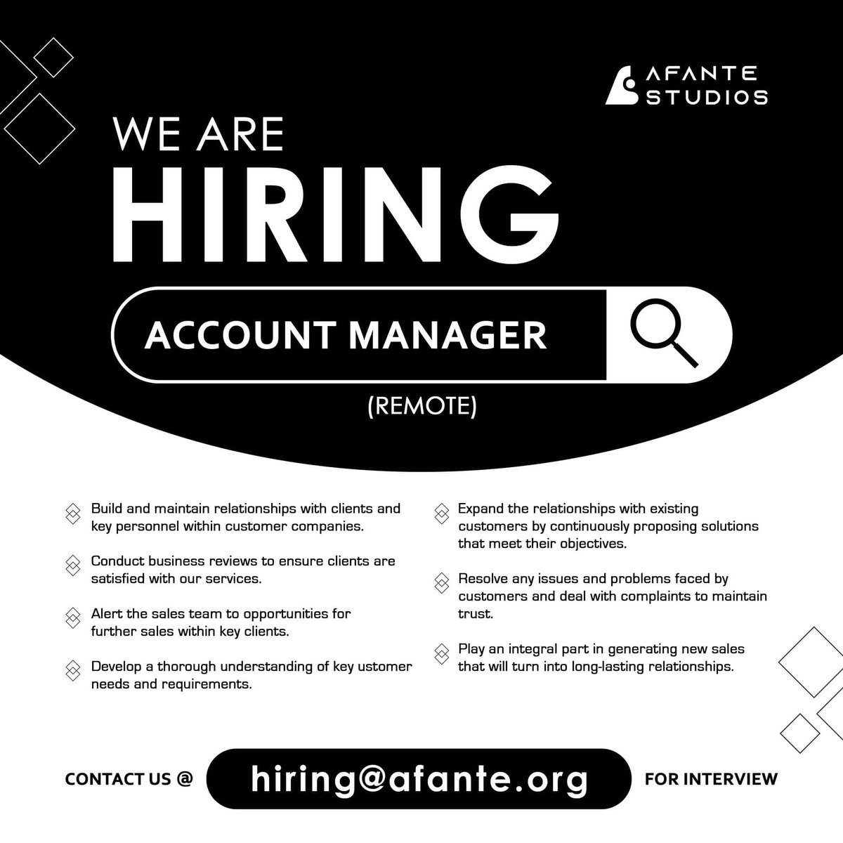 Afante Studios is Hiring! Please see poster for details. For application please send your csv at hiring@afante.org