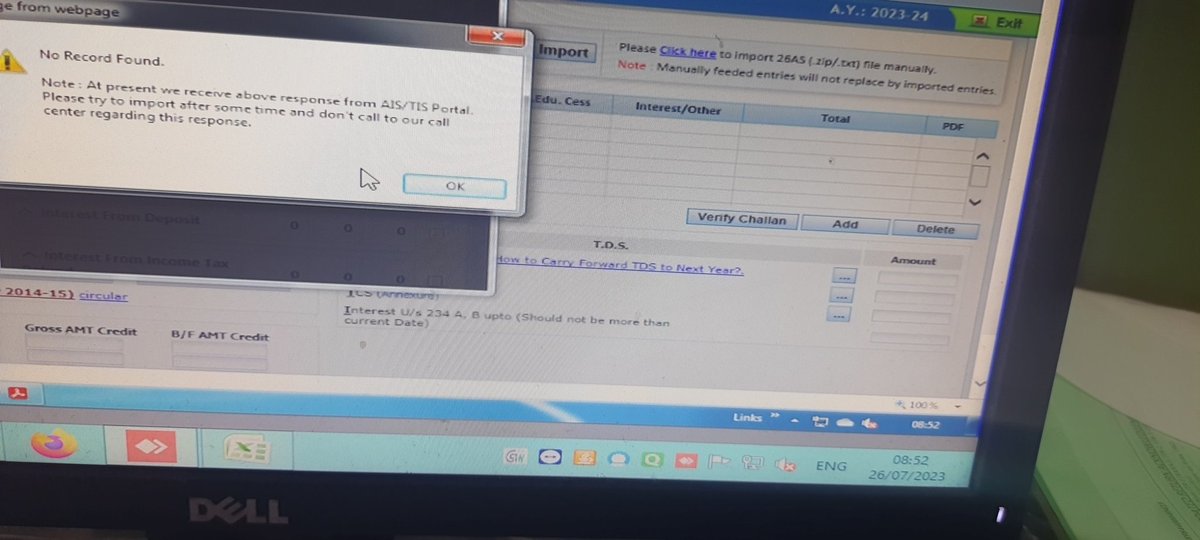 dipak2004's tweet photo. plz ck the date and time. it 8.53 am dated 26 July 2023. AIS AND TIS IS NOT WORKING. WE THE PROFESSIONALS TAKING ALL THE HARDSHIP TO GET THE RETURNS FILED IN TIME. DEPARTMENT IS NOT SEEING AND LISTNING TO ANY THING FOR DATE EXTENSION WITH NO FAULT OF OURS https://t.co/pIsYAxoHp2