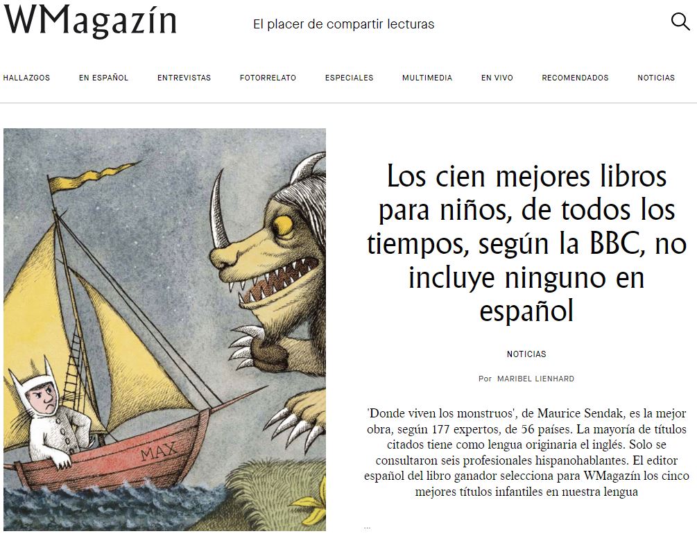 W_Magazin's tweet photo. La lista de los cien mejores #libros para niños, de todos los tiempos, de la BBC, no incluye ninguno en español. Donde viven los monstruos, de Sendak, es el número 1. Descubre la lista completa y el análisis en #WMagazín 📚https://t.co/aDubYXHOGR https://t.co/JFmiWvdNzw