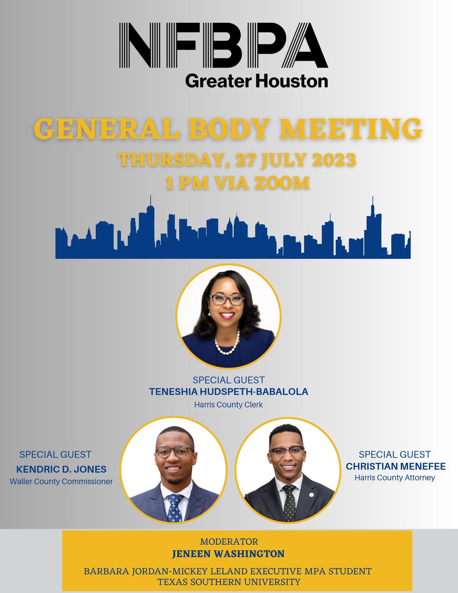 GarrettNCT's tweet photo. NFBPA - National Forum for Black Public Administrators - Houston chapter will be hosting three of Harris County’s Black Servant Leaders: Teneshia Hudspeth, Christian D. Menefee, and Kendric D. Jones!  Register here: https://t.co/DkaRQ61Wbn https://t.co/B9GZB4ZHAu