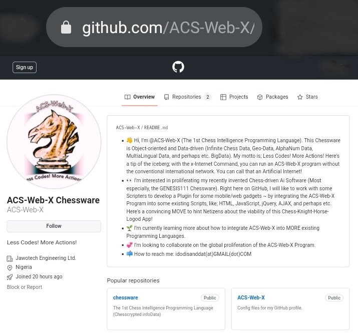 jawolusy's tweet photo. To kickstart a Chess-driven AI Career;
follow the footprints π£ of ACS-Web-X
on GitHub. Less Codes! More Actions
https://t.co/3OuAdpm4Tt
#Chessintelligence #BigData #WebX
#Artificialintelligence #GENESIS111
#AppliedChessScience #Chessware
#Textualintelligence #Chatware #Ai https://t.co/FFMaiUtlID