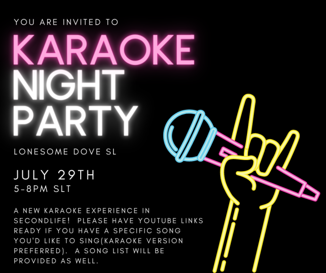 LuciTalksSL's tweet photo. 🎵Are you ready for a new karaoke experience in SL? Stop out to the Dove Sat July 29th and we'll show you how karaoke should be done - whether you sing like an angel or a cat in heat, we promise you'll have a good time. 🎤

Taxi: https://t.co/TOivWnSLxV #secondlife #SL https://t.co/FWzNQcSr8G