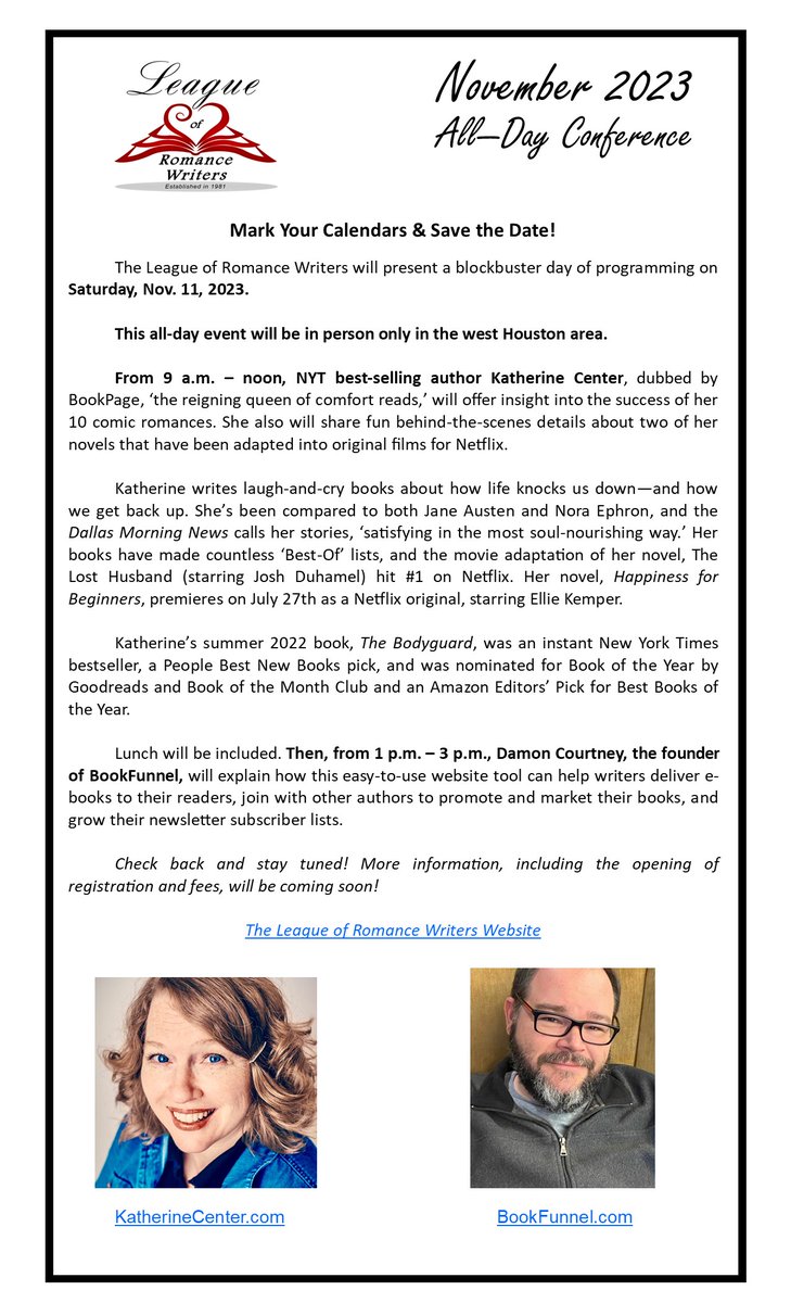 *SAVE THE DATE* We want to give everyone lots of notice for our November all-day conference, where our morning speaker will be NY Times best-selling author <a href="/katherinecenter/">Katherine Center - mostly taking a Tw*tter break</a>! Details are still being worked out, but it's going to be amazing! #amreadingromance