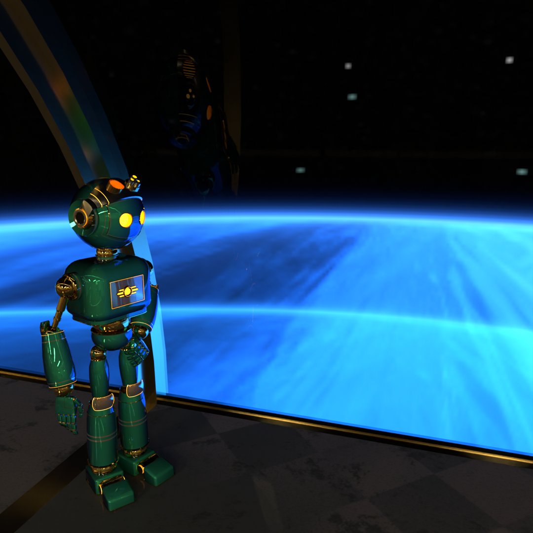 _Giga_Watts's tweet image. &quot; Another View from Orbit, Peaceful isn&apos;t it ? &quot; Before I go to bed, I wanted to share the view. I still haven&apos;t really furnished the place yet. But damn if the window doesn&apos;t make this scene pretty  #Vtuber #robotvtuber #vtubermodel #blender3d #b3d