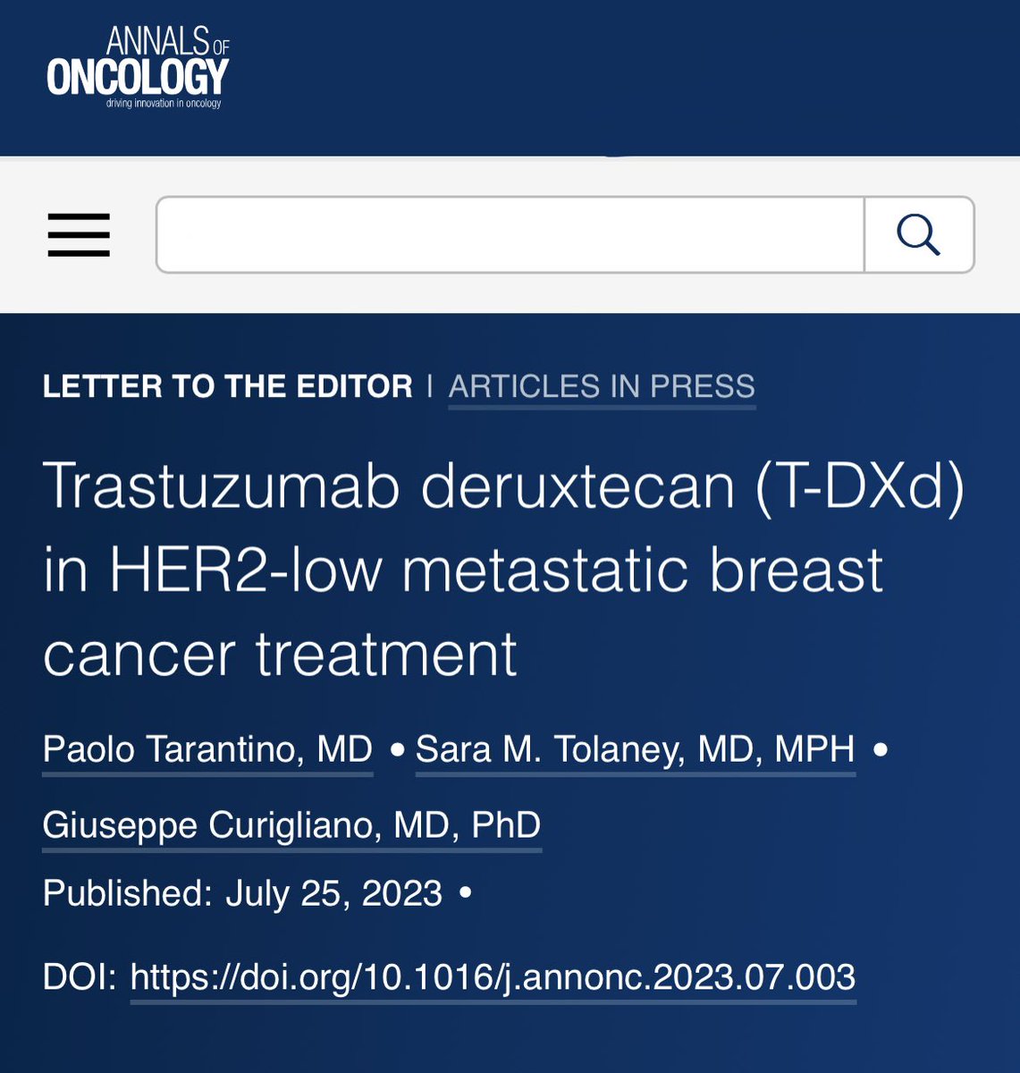 Both T-DXd and SG are approved for patients with HER2-low TNBC. But which one has the strongest data in support? Which one should be utilized first? Find the answer in our latest letter to the editor, now published on @Annals_Oncology. @curijoey @stolaney1 annalsofoncology.org/article/S0923-…