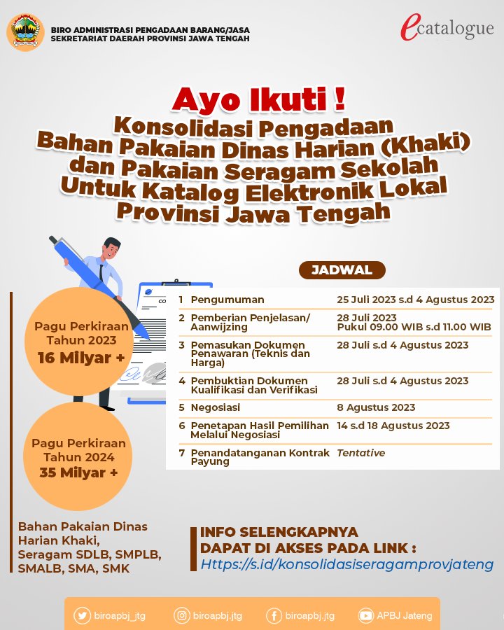 Biro Administrasi Pengadaan Barang dan Jasa Jateng (@biroapbj_jtg) on Twitter photo #sobatpengadaan <a href="/provjateng/">Provinsi Jawa Tengah</a> akan segera membuka etalase ekatalog Lokal Konsolidasi Pakaian Dinas dan Pakaian Seragam Sekolah..
Monggo bagi penyedia yg berminat dan memenuhi syarat dapat mendaftar melalui link sesuai infografis trlampir
<a href="/ganjarpranowo/">Ganjar Pranowo</a>
<a href="/LKPP_RI/">L K P P</a>
#kataloglokal #sobatpengadaan <a href="/provjateng/">Provinsi Jawa Tengah</a> akan segera membuka etalase ekatalog Lokal Konsolidasi Pakaian Dinas dan Pakaian Seragam Sekolah..
Monggo bagi penyedia yg berminat dan memenuhi syarat dapat mendaftar melalui link sesuai infografis trlampir
<a href="/ganjarpranowo/">Ganjar Pranowo</a>
<a href="/LKPP_RI/">L K P P</a>
#kataloglokal