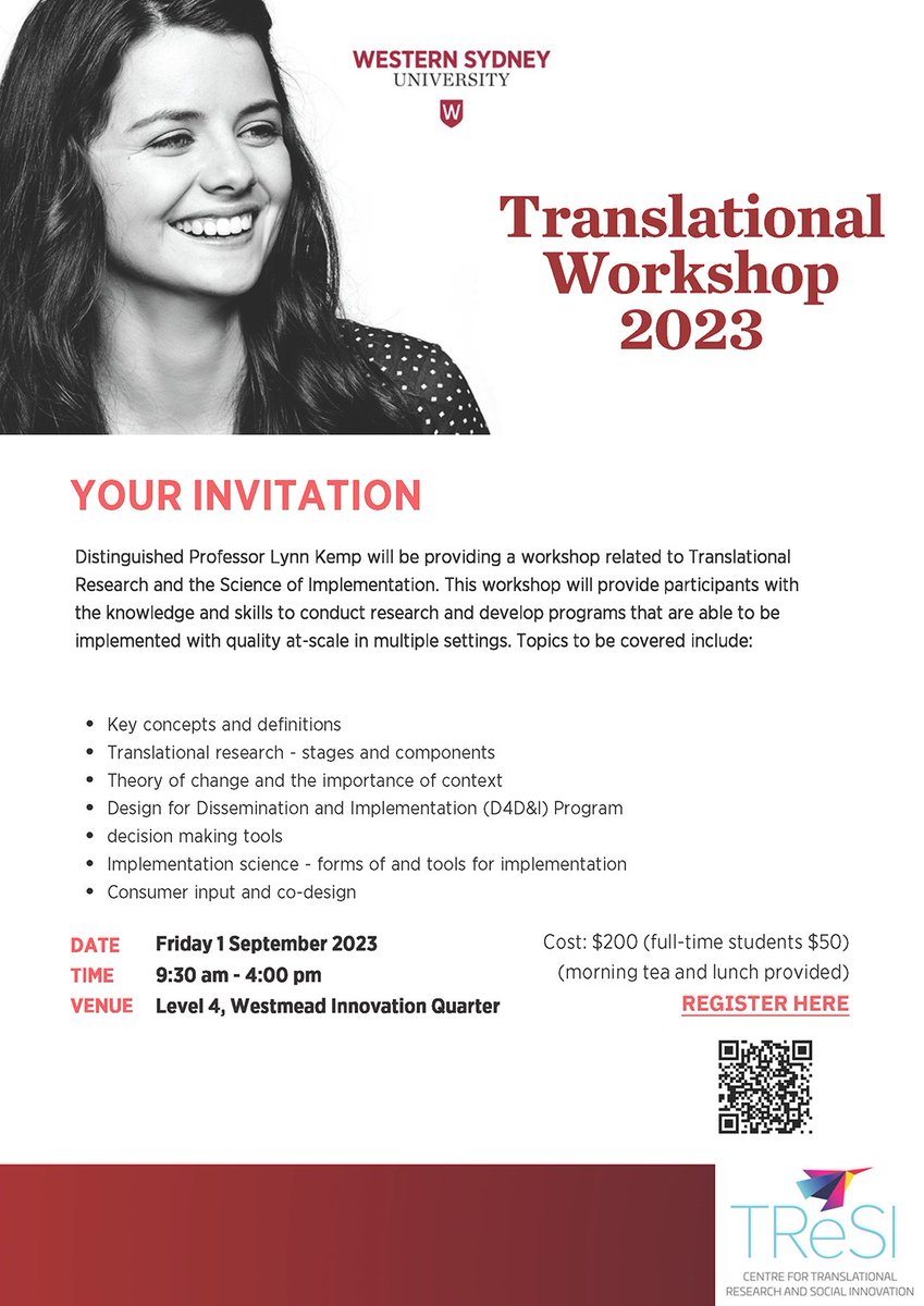 Excellent opportunity to learn about translational research and the science of implementation from one of the world leading experts, Distinguished Professor Lynn Kemp! scan the QR Code or follow the link to register today! buff.ly/3qafQhx