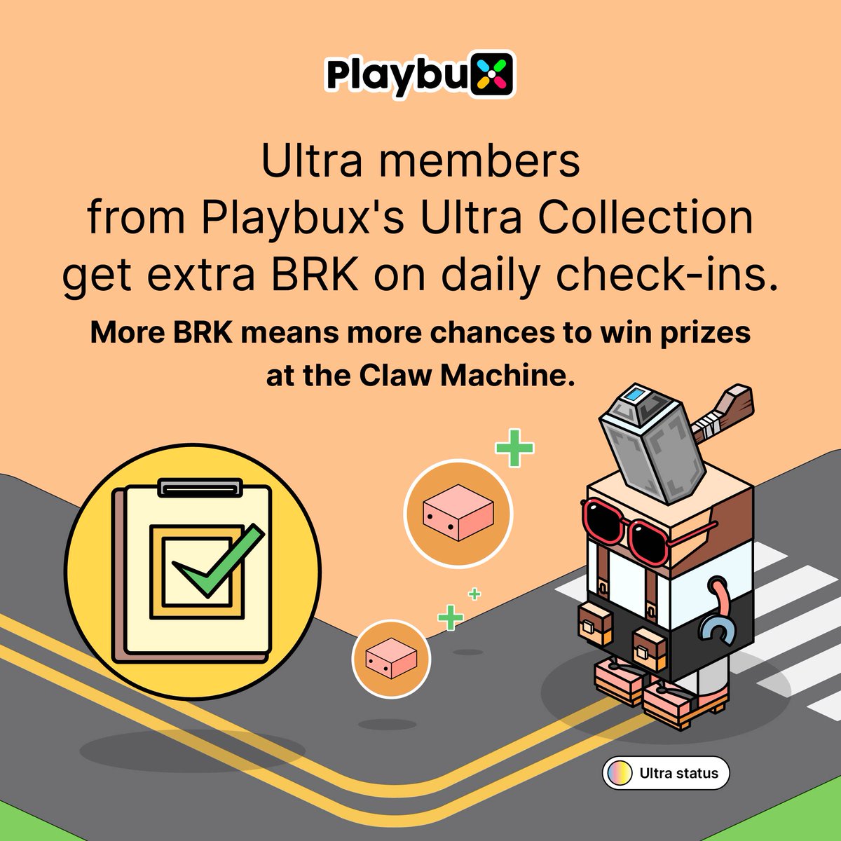 playbuxco's tweet photo. ✅ Ultra members from Playbux's Ultra Collection get extra BRK on daily check-ins. More BRK means more chances to win prizes at the Claw Machine.

#Playbux #bnbchain #PBUX #NFTs #Ultracollection #binancenft #nfttrade https://t.co/EYKzLtrGcq