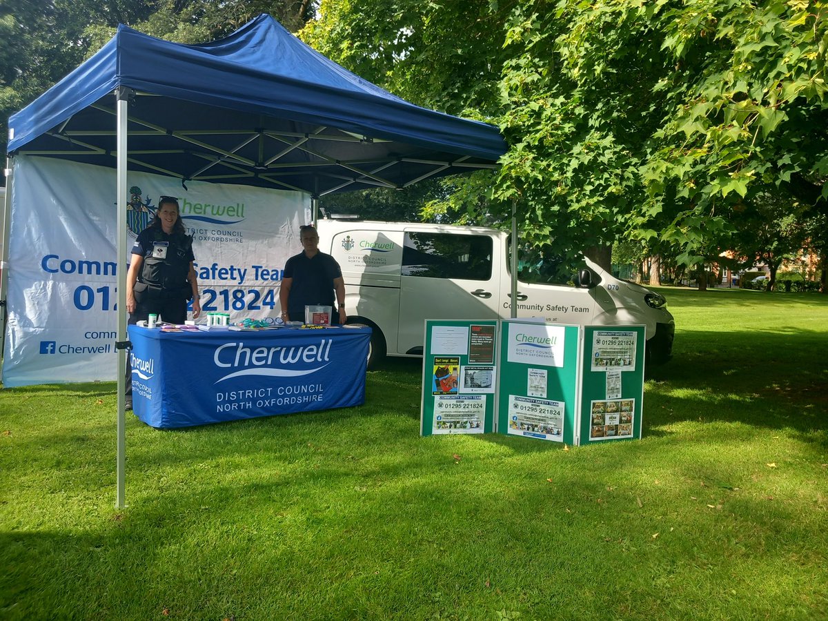 CherwellTeam's tweet photo. The team are all set up at Peoples Park Banbury for todays play day event. Drop over to the gazebo for some crime prevention advice and pick up a few freebies to help keep you safe🙌🏼 https://t.co/jXHyZNx2lf
