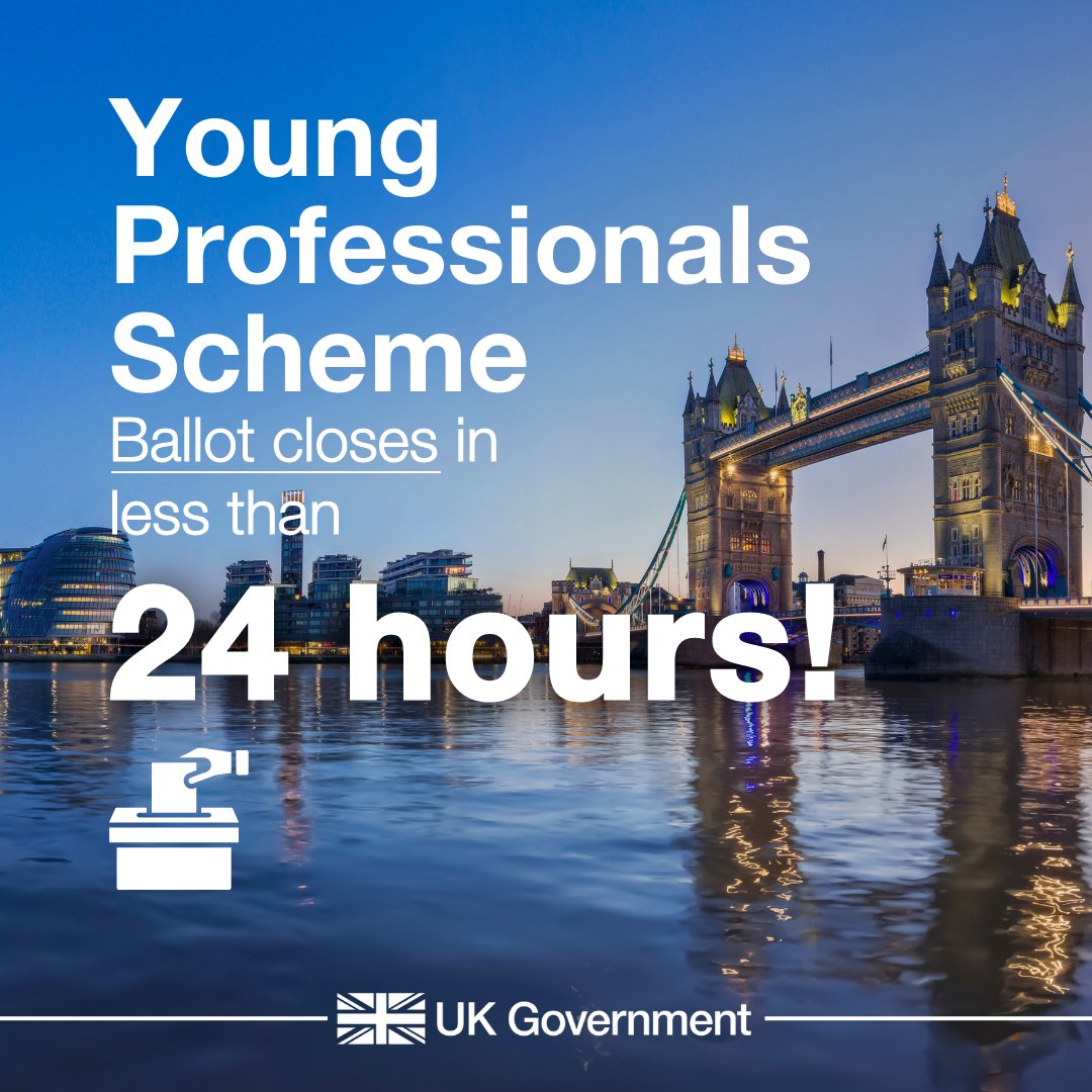 🗳️ The ballot of the Young Professionals Scheme closes in less than 24 hours.

Want to live, work or study in 🇬🇧 for up to 2 years? You can enter the ballot for a chance to apply for a visa.

Check the eligibility criteria and steps to apply: gov.uk/guidance/india…

#IndiaYPS