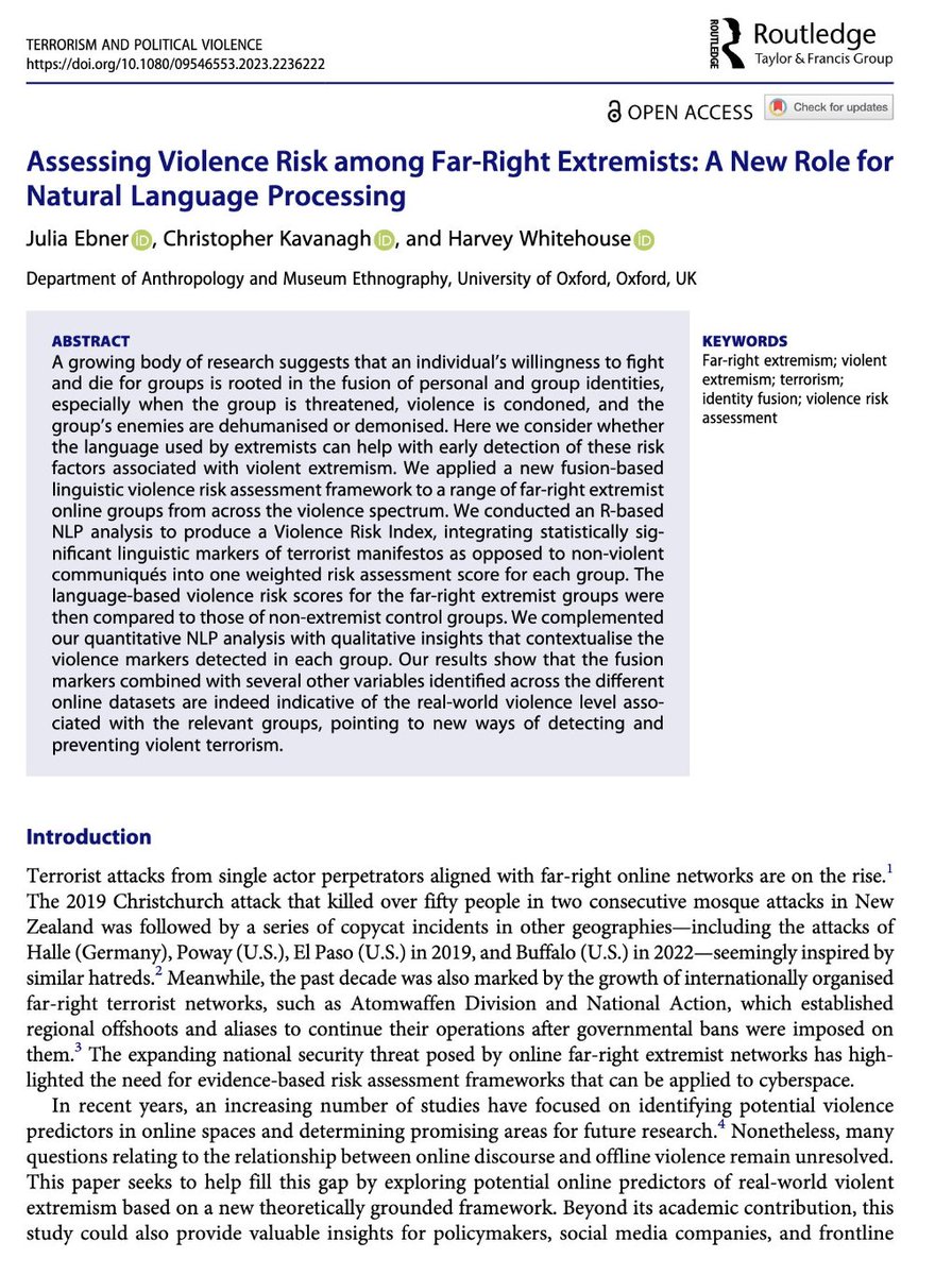 julie_renbe's tweet photo. My @UniofOxford colleagues and I published a new open-access study applying our theoretically grounded Violence Risk Index to a range of far-right extremist groups. Check out the article in the peer-reviewed journal Terrorism and Political Violence: https://t.co/zh8Rp7d1JI. 
With @C_Kavanagh & Harvey Whitehouse