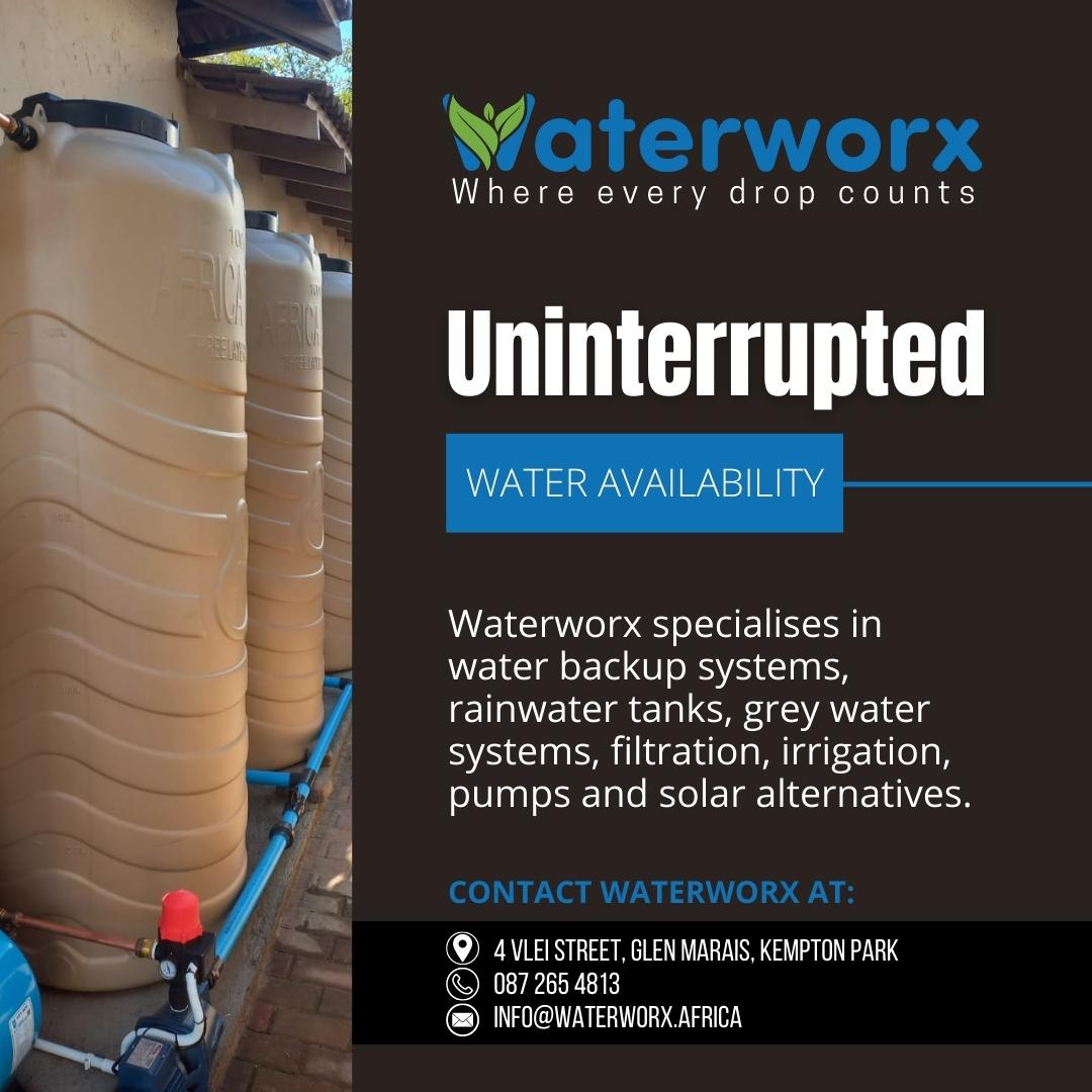 PivotPromotions's tweet image. Contact Waterworx for advice regarding the perfect solution for your business or home.

Call us on 087 265 4813
or visit us at shop 16, Goodies Lifestyle Centre, 4 Vlei Street, Glen Marais, Kempton Park

#backupsystems #water #rainwater #greywater #filtration #irrigation #pumps